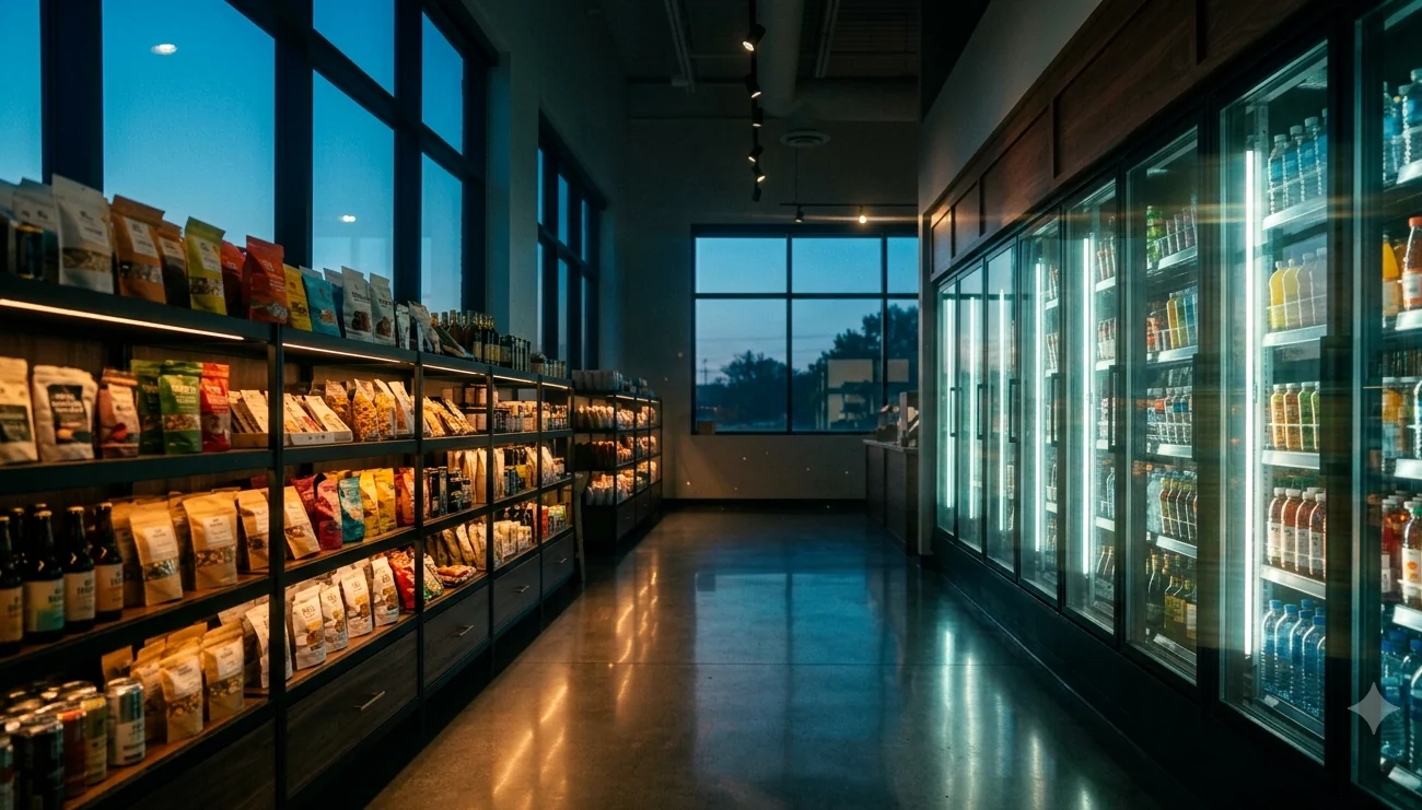 The same boutique store at blue-hour dusk, coolers glowing while the city sleeps