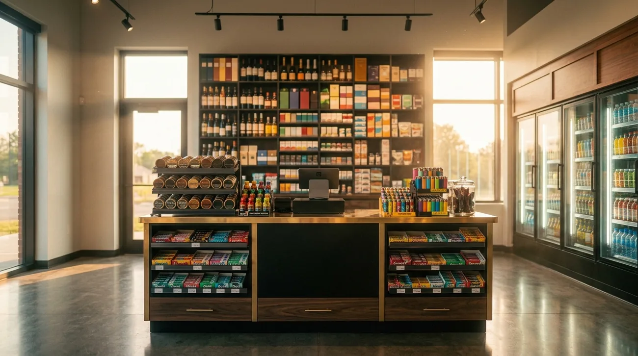 A warm, golden-hour convenience store checkout counter packed with impulse merchandise, coolers glowing on the right